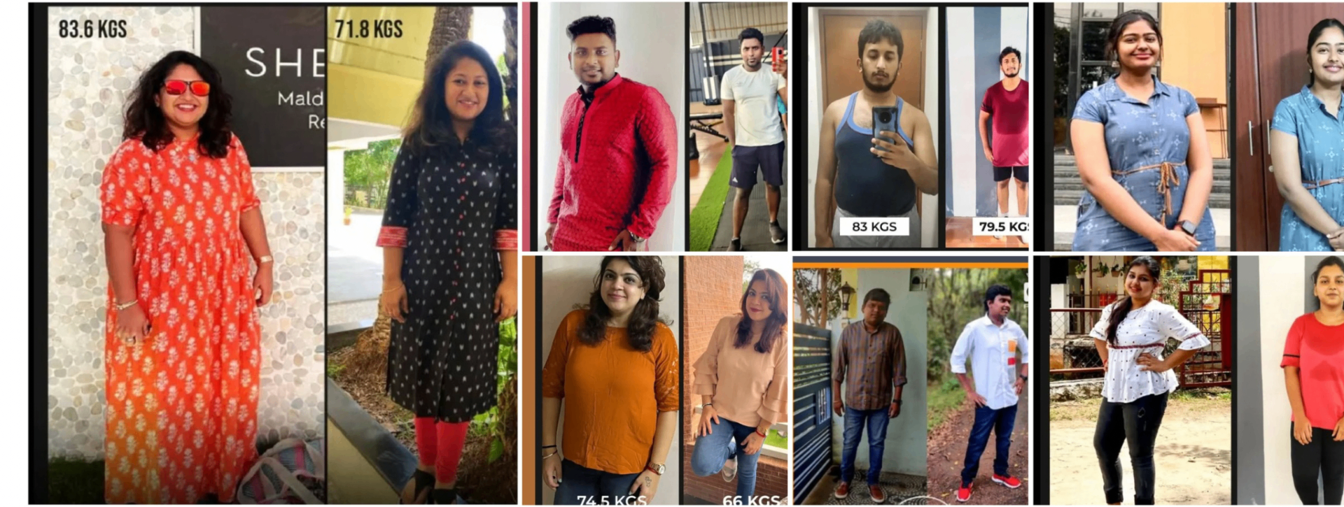Client transformation results showing before and after photos with weight loss achievements